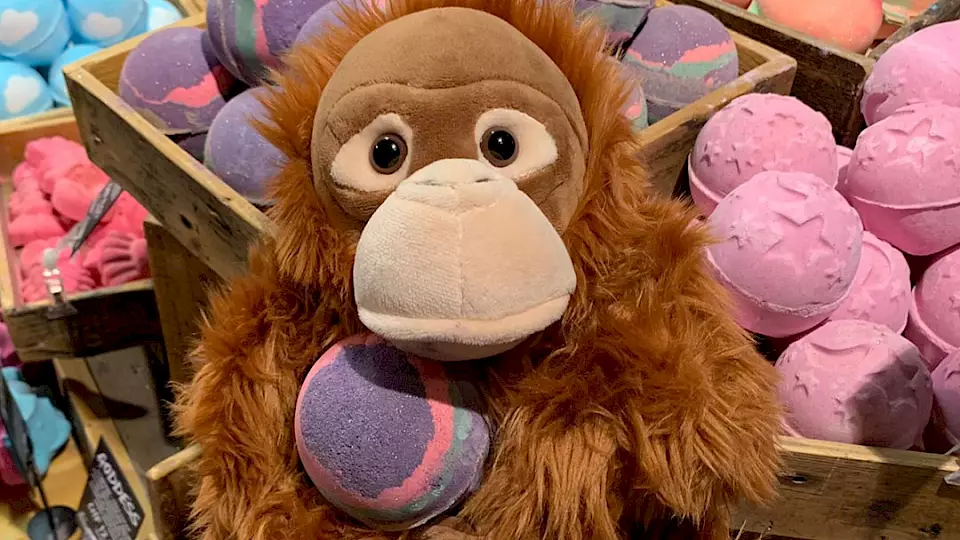 "Orang-Utan-Plüschtier mit Lush-Badekugel" - Symbolisiert die erfolgreichen Kinderworkshops, die BOS Schweiz gemeinsam mit Partnerinnen und Partnern in der Schweiz durchführt.